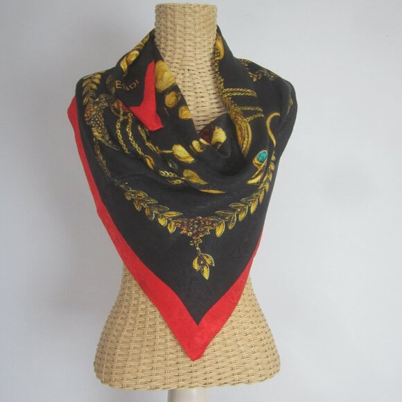 Authentic Fendi Silk Scarf 38 x 38 Rings Jewelry Red Gold Black Green Italy - Picture 1 of 12